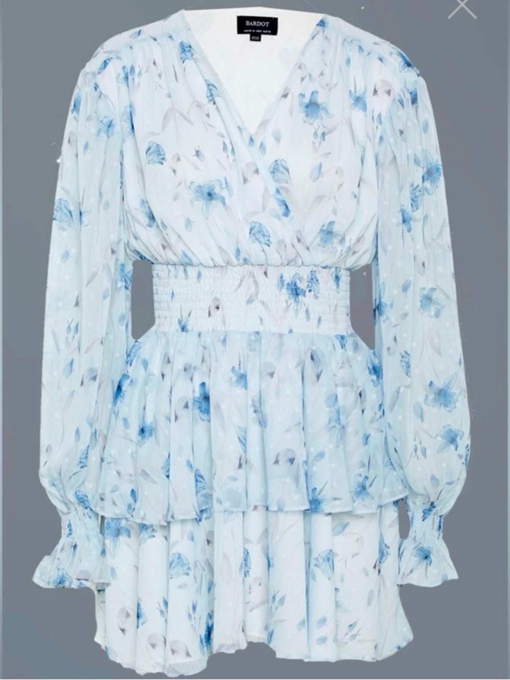 Bardot Blue Floral Smocked Waist Tiered Mini Dress
